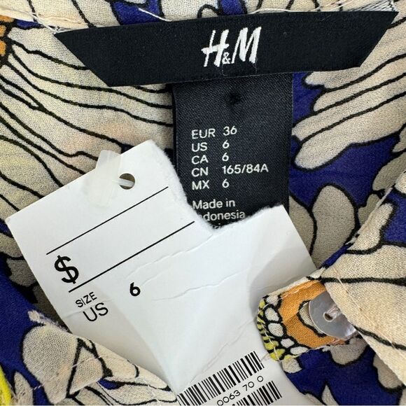 H&M Floral Chiffon Sleeveless Button Front Tunic Shirt Blue Cream Size 6 - Picture 7 of 10